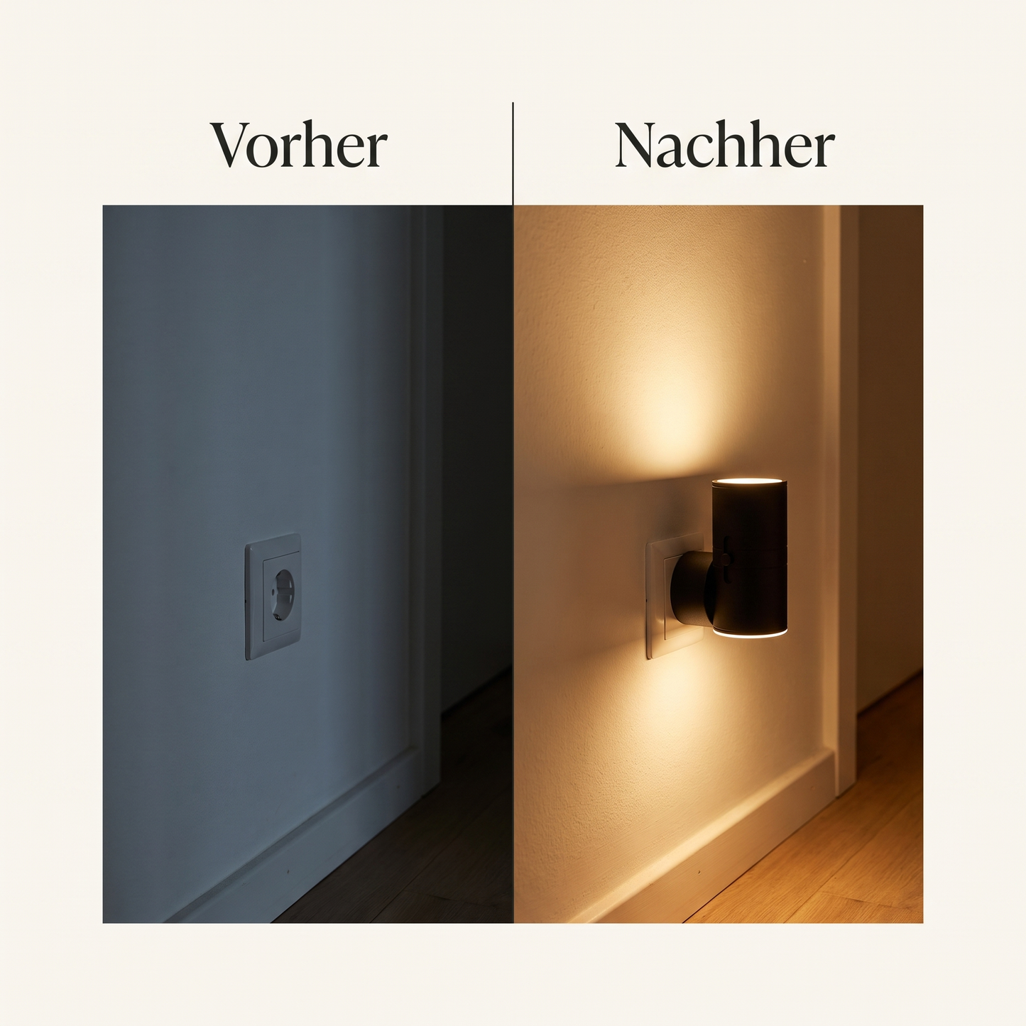 Vorher-Nachher-Vergleich eines dunklen Flurs mit und ohne Luna Sensor-Wandleuchte
