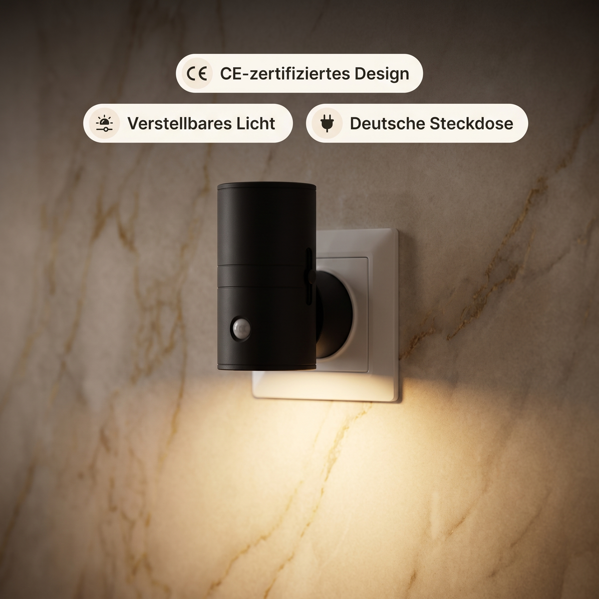 Luna Sensor-Wandleuchte an Marmorwand, CE-zertifiziert, verstellbares Licht, deutsche Steckdose
